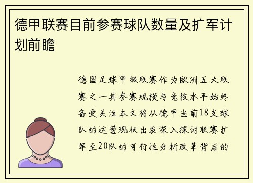德甲联赛目前参赛球队数量及扩军计划前瞻